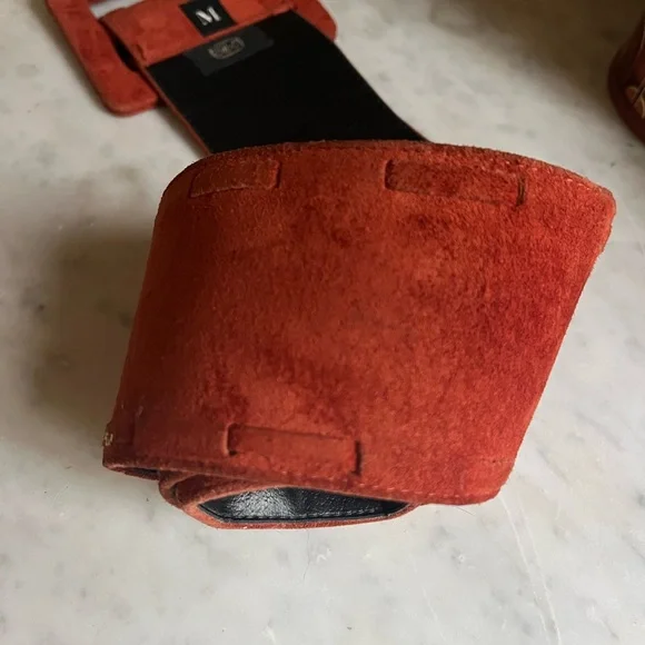 VTG 80s Bibo Folk Flowerchild Avant Garde Boho Hippie Orange Wide Suede Belt M - Picture 5 of 8